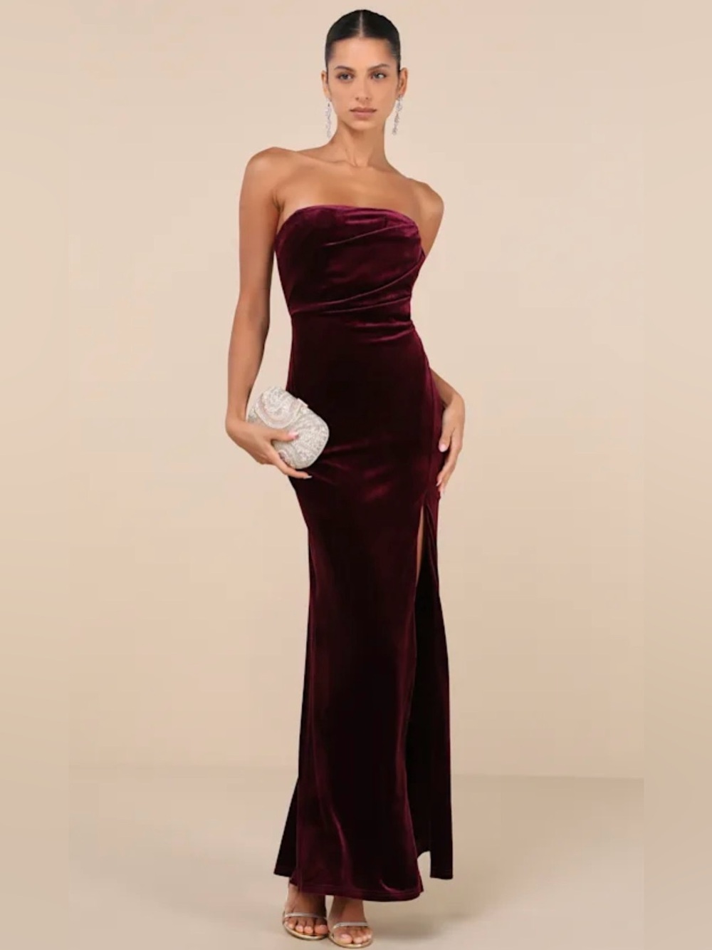 Perfectly Captivating Plum Purple Velvet Strapless Maxi Dress XS NWT